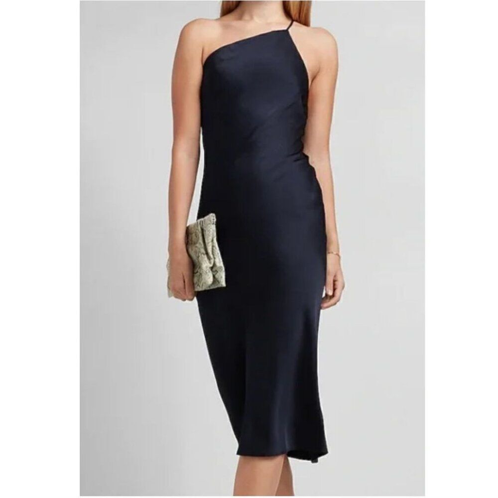 Express Navy Satin One Shoulder Cocktail Dress Size Medium NWT